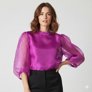 Magenta Sheer Organza Mock Neck Blouse Puff Sleeves Tie Back Top